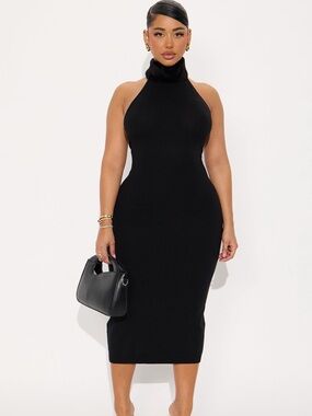 Halter Midi Dress with Fur Turtleneck